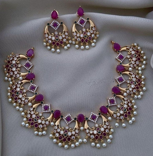 Premium Gold Plated Polki Necklace set with Rice pearls